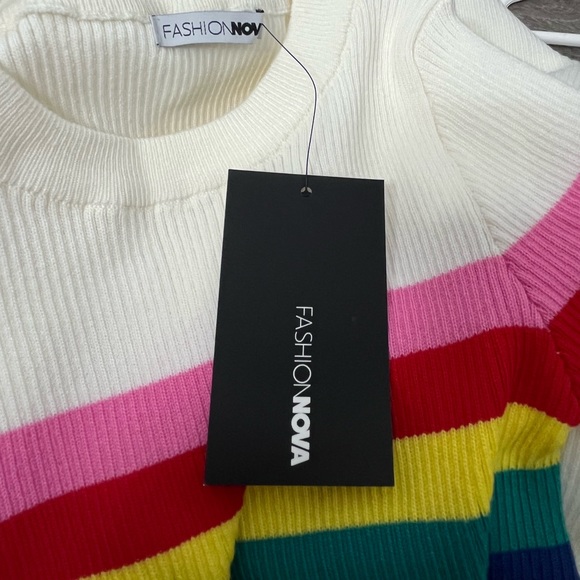FASHION NOVA RAINBOW STRIPE IVORY SWEATER MINI DRESS - Picture 6 of 6